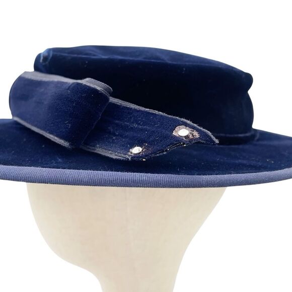 Vintage Makoff Salt Lake City Navy Blue Velvet Hat 22 1/2 Wide Brim Ribbon Bow - Picture 12 of 15